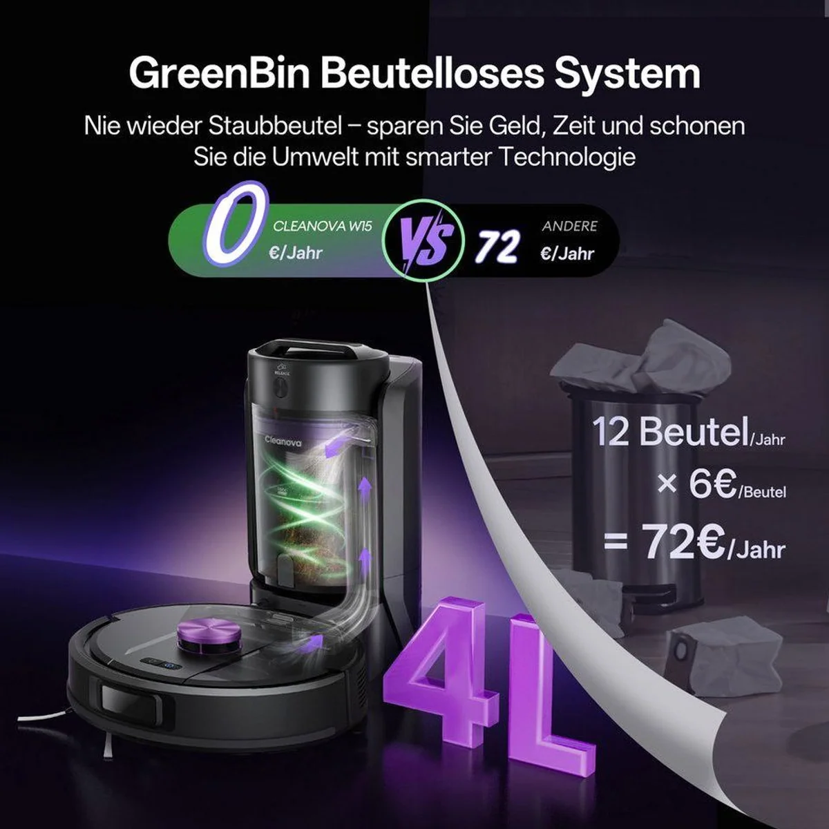 Vactidy W15 Saugroboter, 12000Pa Saugleistung, 180 Min Akkulaufzeit, 4L Behälter 3
