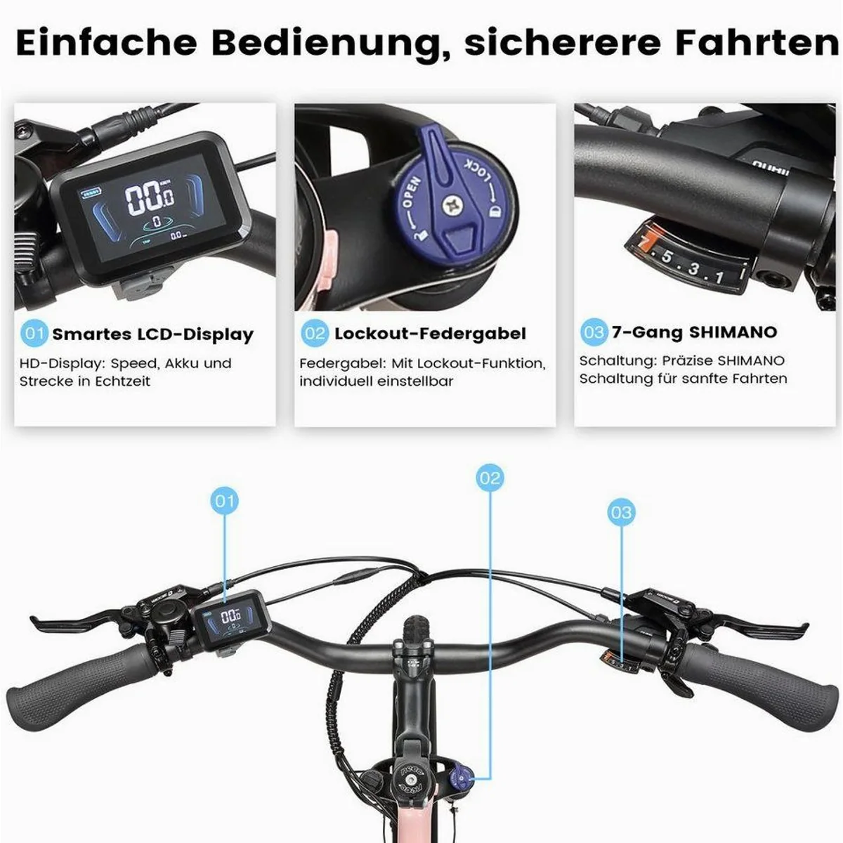 Vankel E-Bike Trekkingrad, 460Wh Akku, Shimano 7-Gang, komfortable Federung 4