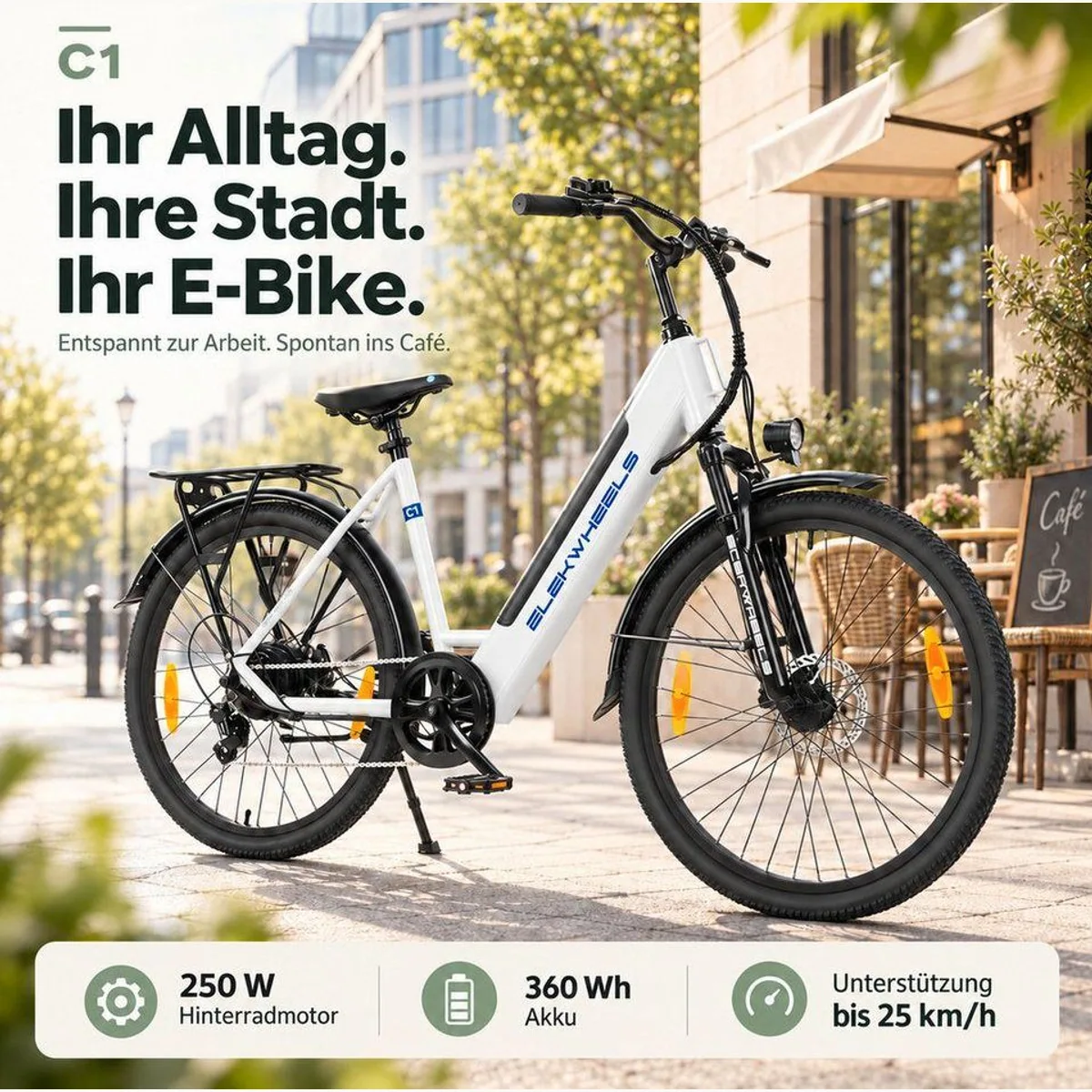 Vankel E-Bike Cityrad 26 Zoll, tiefen Einstieg, 250 W Heckmotor, 7 Gänge 3