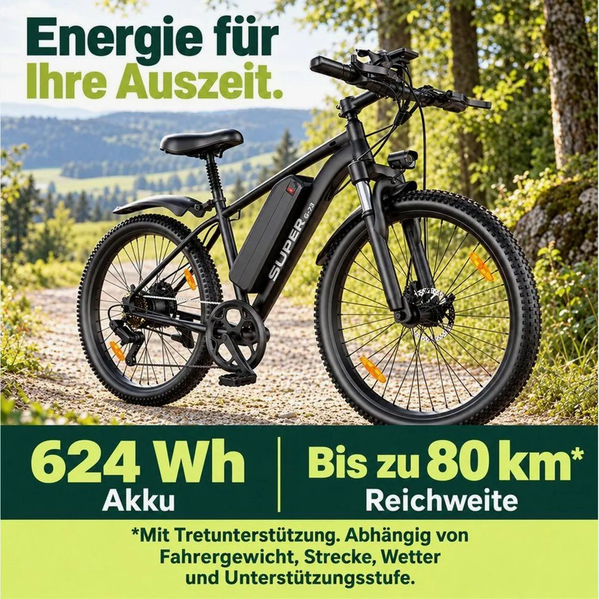 Vankel G73 E-Mountainbike, 250W Motor, 624Wh Akku, Shimano 7-Gang 3