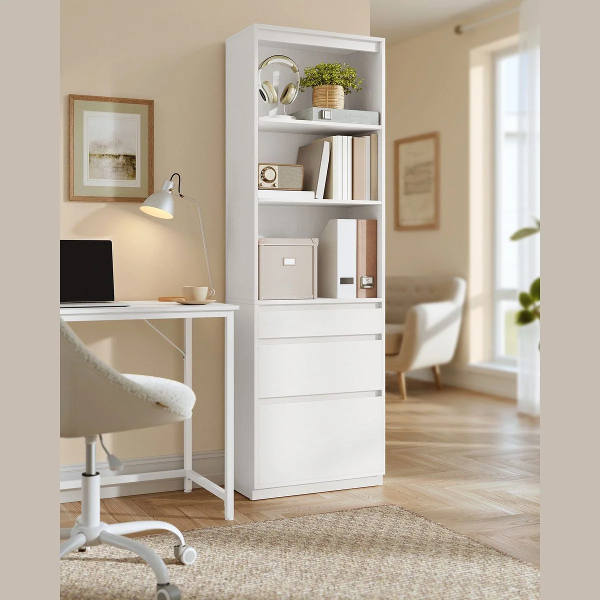 VASAGLE Bücherregal Hochschrank, verstellbare Ablagen & 3 Schubladen — ideal für Ordnung und Stauraum 5