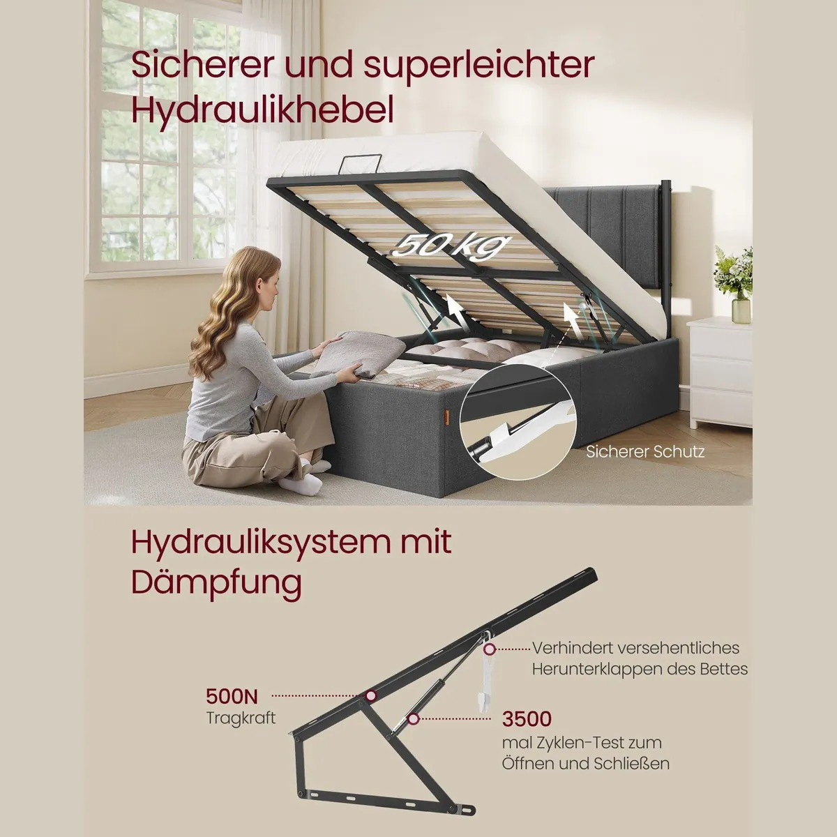 VASAGLE Polsterbett 90 x 200 cm, mit Stauraum, komfortablem Kopfteil, hydraulischem System 2