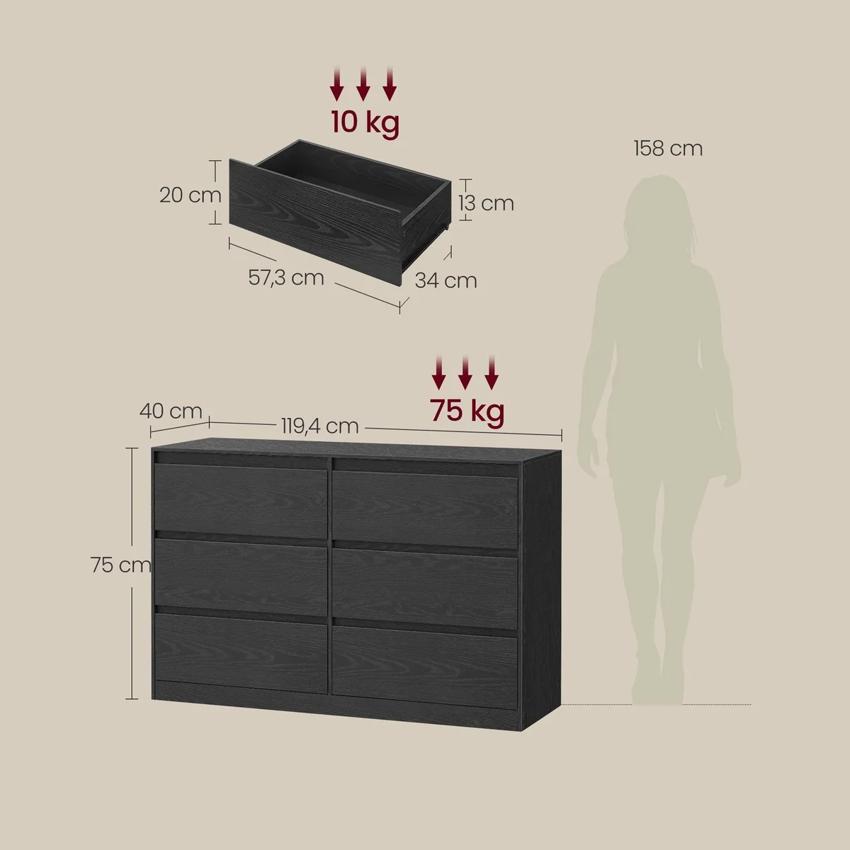VASAGLE Kommode, modernes Design, geräumige Schubladen — 119,4 x 40 x 75 cm 4