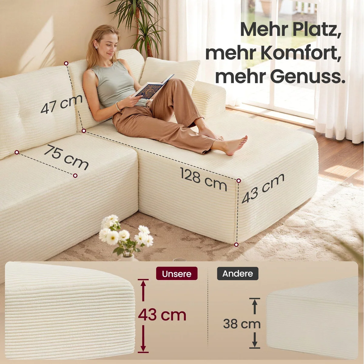 VASAGLE modulares Schlafsofa, kein Aufbau erforderlich, B: 244 cm in Cord 4