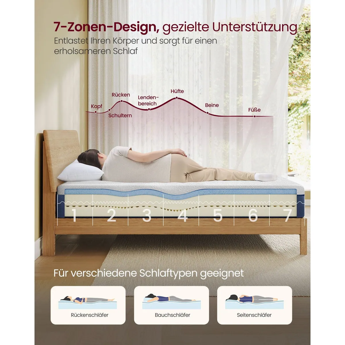 VASAGLE Kaltschaummatratze, 7-Zonen-Unterstützung, kühlender Gel-Memory-Schaum — 90 x 200 cm, mittelfest, atmungsaktiv 3