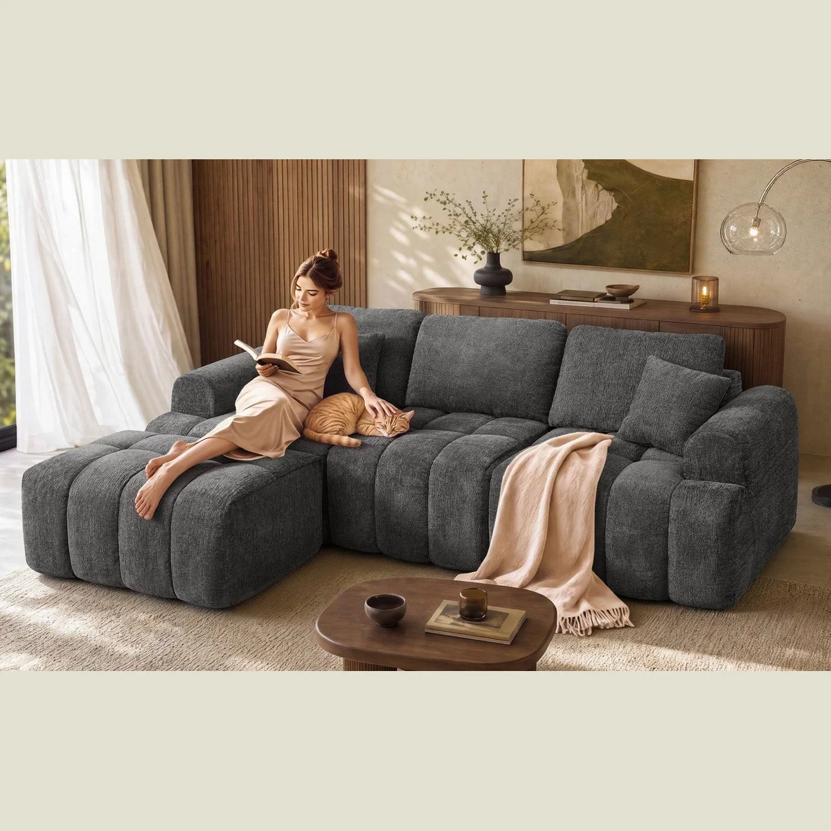 VASAGLE Ecksofa L-Form, modulare Couch mit Taschenfederkern, 4-Sitzer für Wohnzimmer
