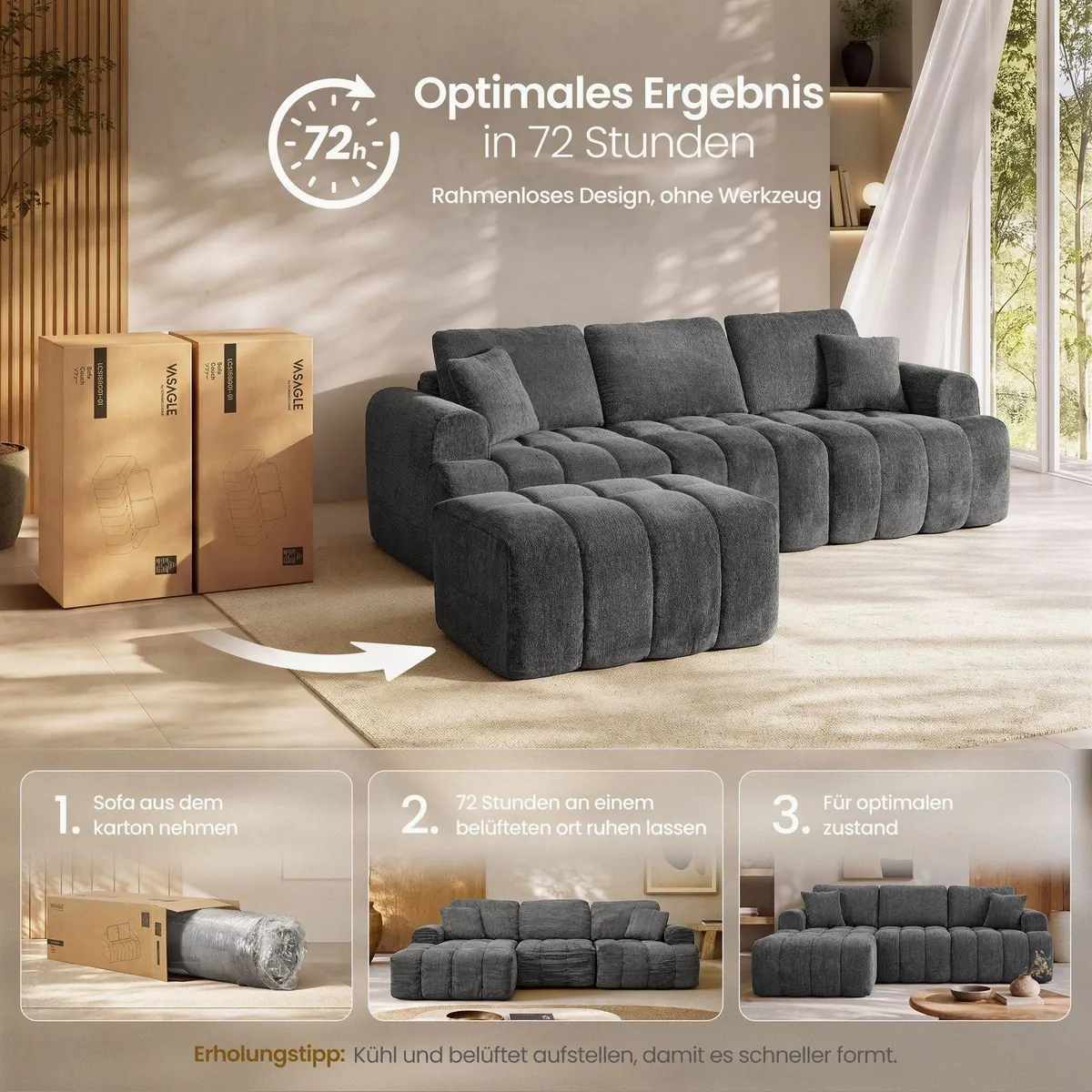 VASAGLE Ecksofa L-Form, modulare Couch mit Taschenfederkern, 4-Sitzer für Wohnzimmer 4