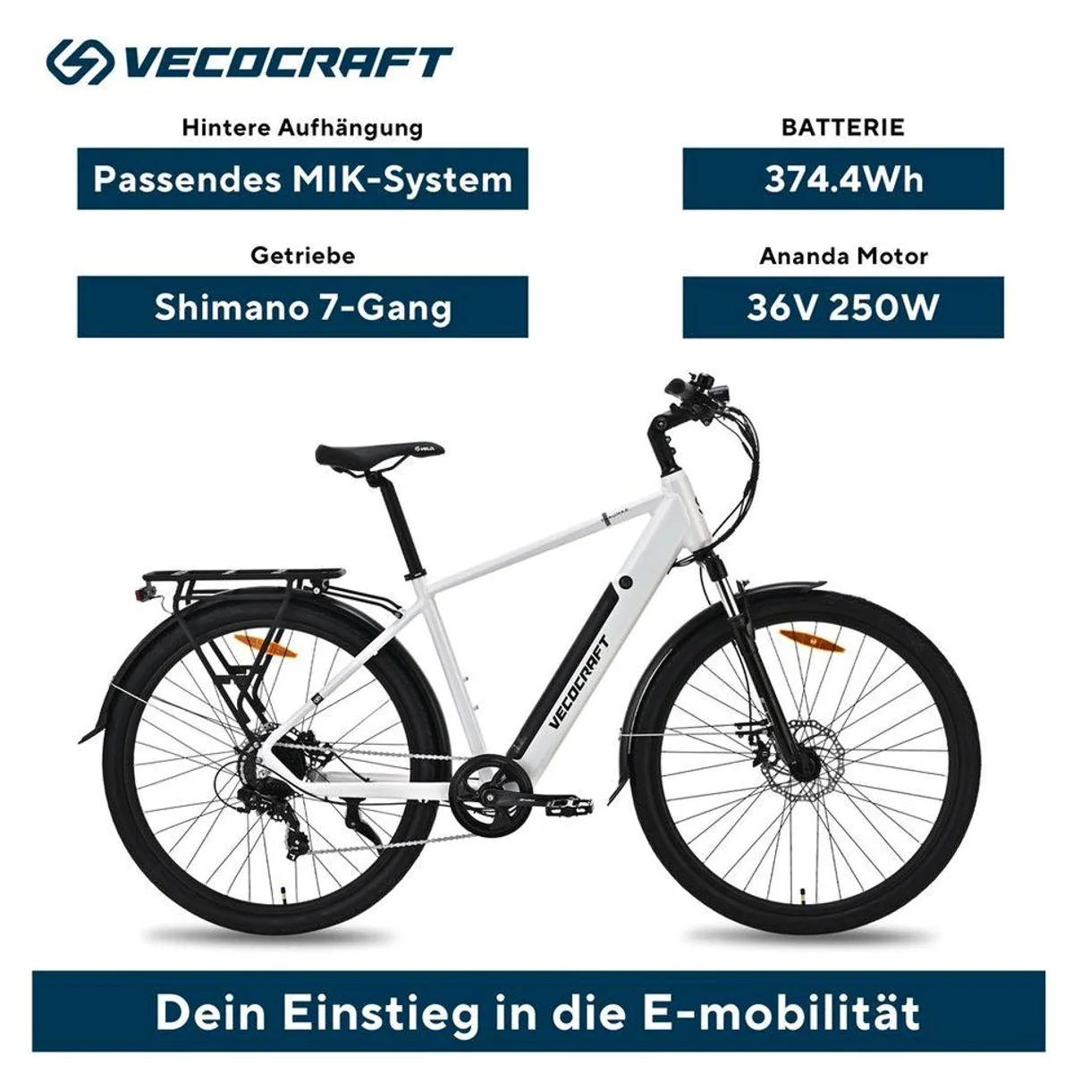 VECOCRAFT Thaumas E-Bike, 28 Zoll, 7-Gang Shimano, 375 Wh Akku — ideal für Stadtverkehr und Kurztrips 2