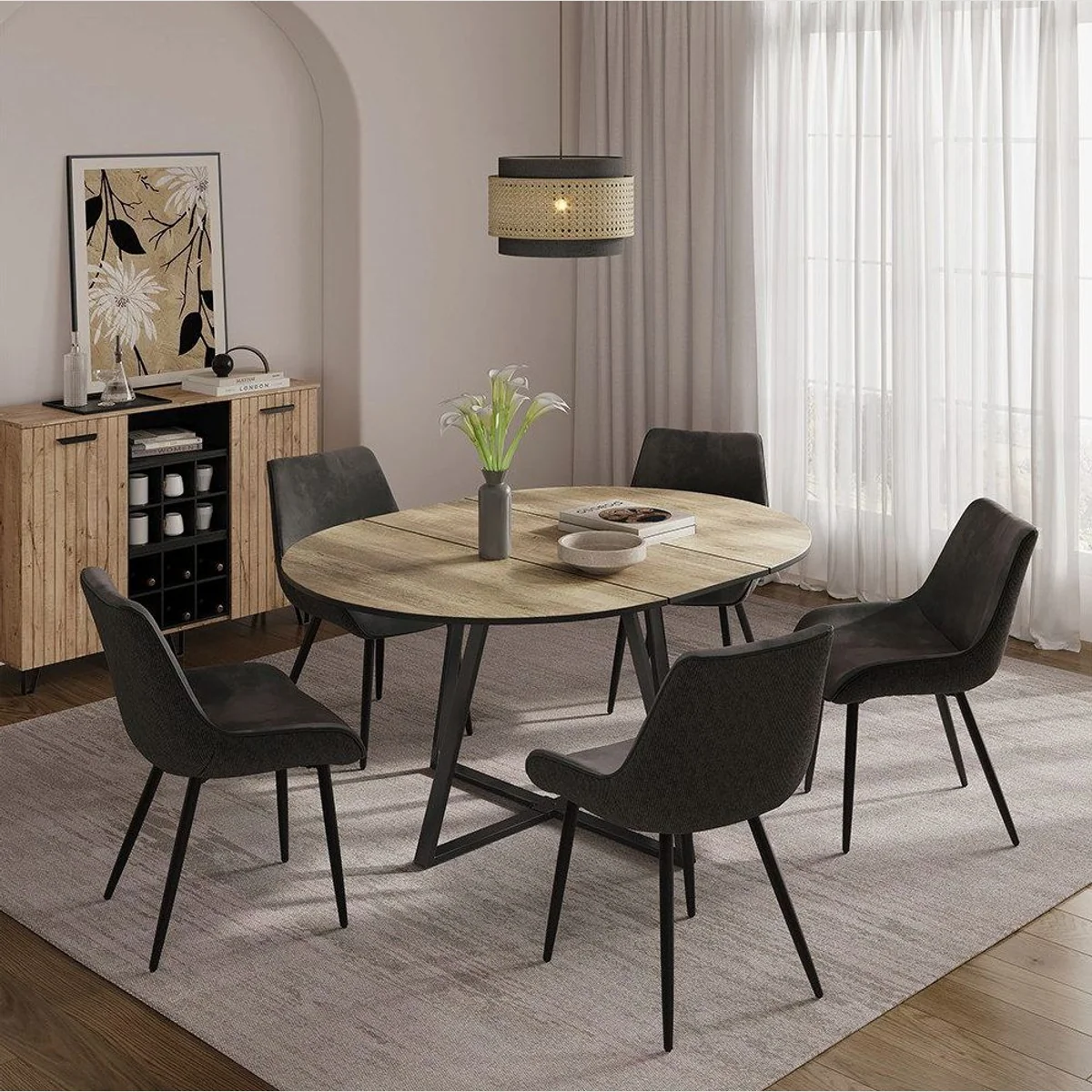 Vicco Esstisch Loyd, ausziehbar, Eiche rustikal/Schwarz, 120-160 x 120 cm
