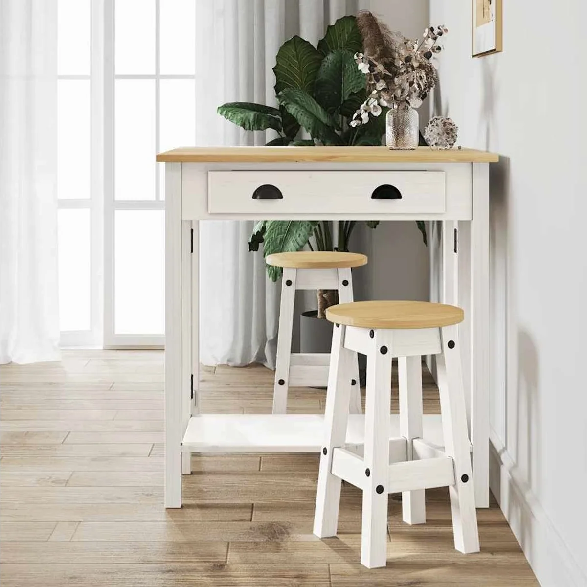 vidaXL Essgruppe 3-tlg. Bar-Set Weiß, massives Kiefernholz, klappbarer Tisch 2