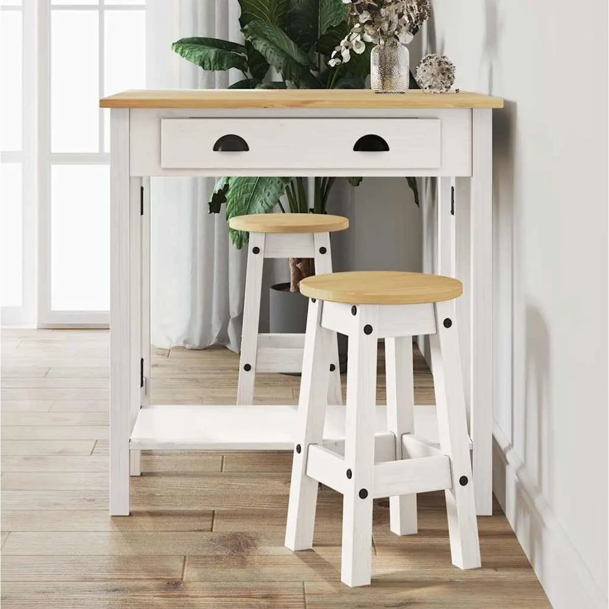 vidaXL Essgruppe 3-tlg. Bar-Set Weiß, massives Kiefernholz, klappbarer Tisch 3