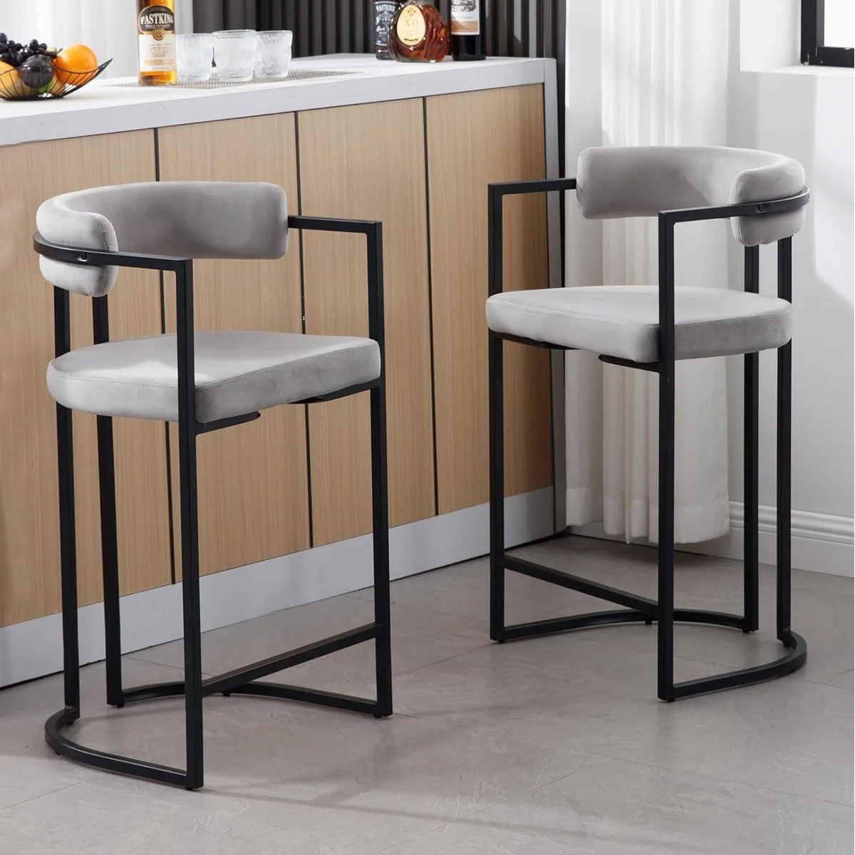 WAHSON OFFICE CHAIRS Barhocker 2er Set, stilvolle Samtpolsterung, robuste Metallbeine 3