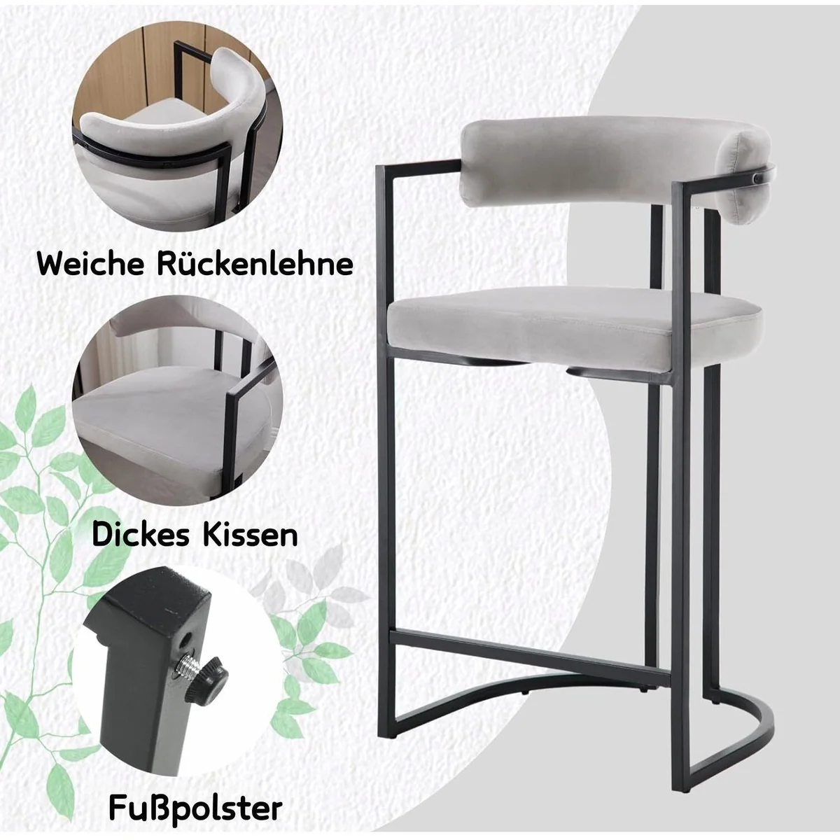 WAHSON OFFICE CHAIRS Barhocker 2er Set, stilvolle Samtpolsterung, robuste Metallbeine 5