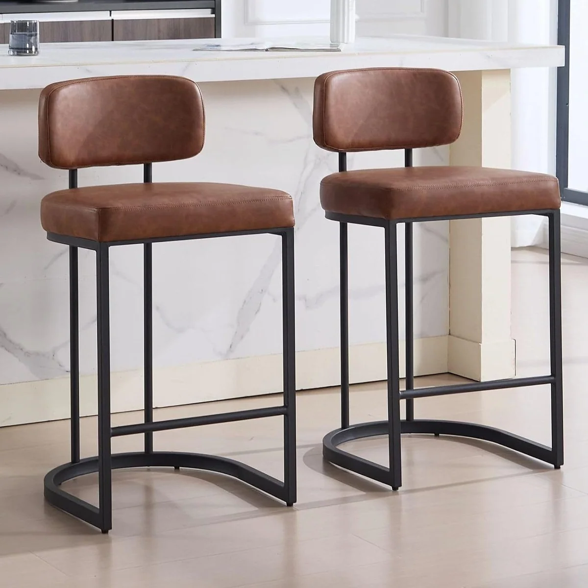Wahson Barhocker 2er Set, modernes Design, pflegeleichtes PU-Leder, stabiler Metallrahmen 2