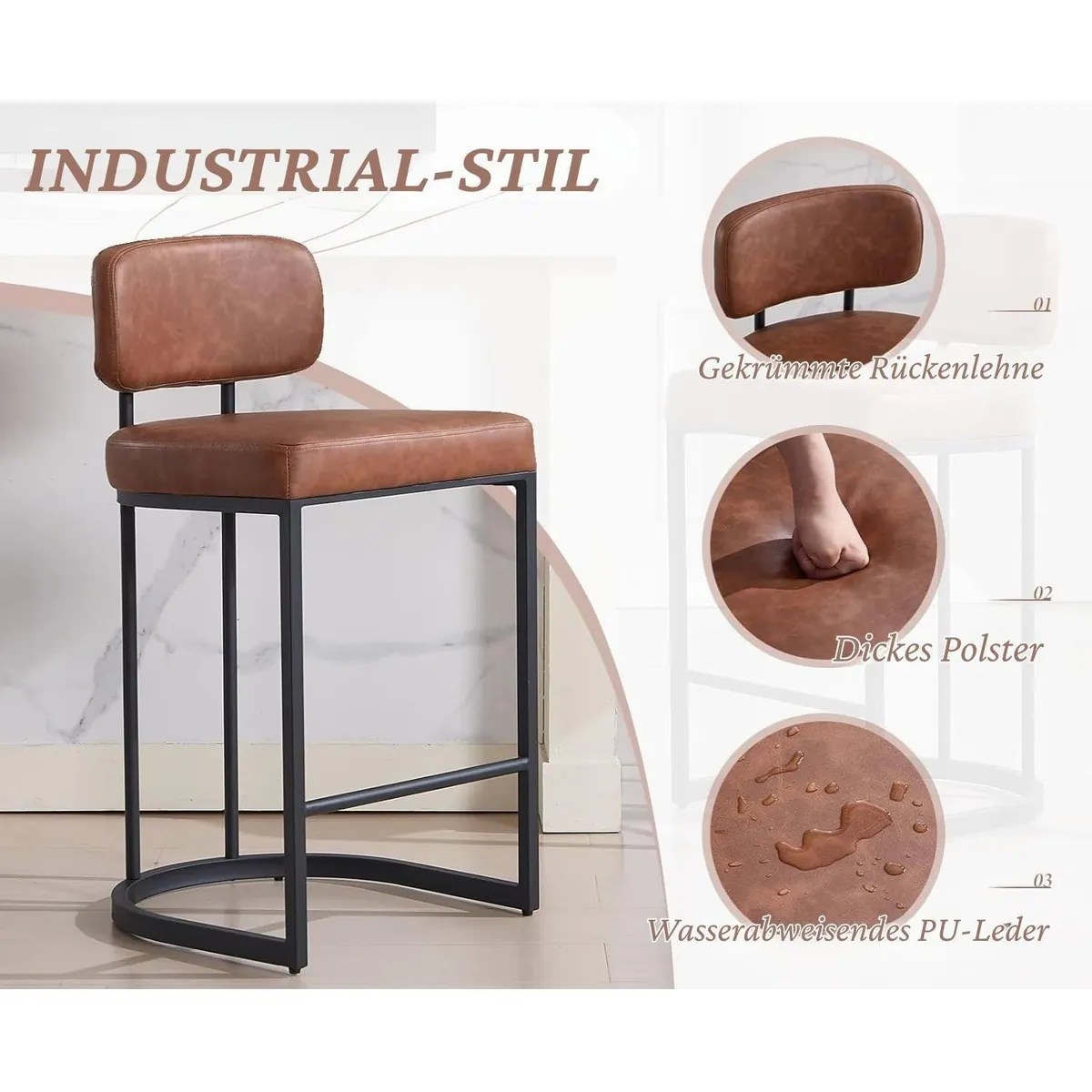 Wahson Barhocker 2er Set, modernes Design, pflegeleichtes PU-Leder, stabiler Metallrahmen 5