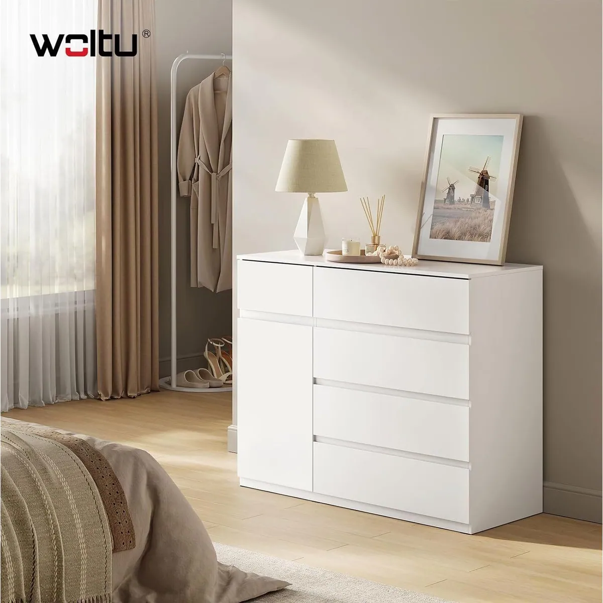 Woltu Kommode, 5 Schubladen + 1 Schrank, modernes Design 2