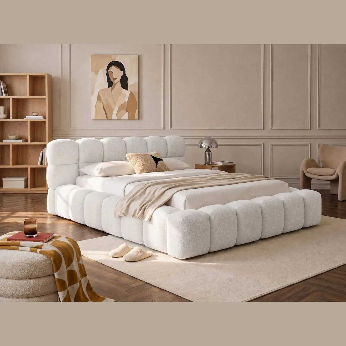 wonello Polsterbett Mira, eleganter Boucle-Stoff, Stauraum & einfacher Aufbau