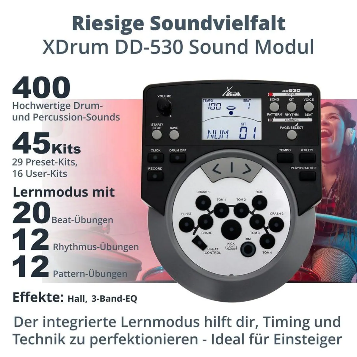 XDrum DD-530 E-Drum, vielseitig einsetzbar, 400 Sounds, Mesh Heads — ideal für Bühne und Zuhause 2