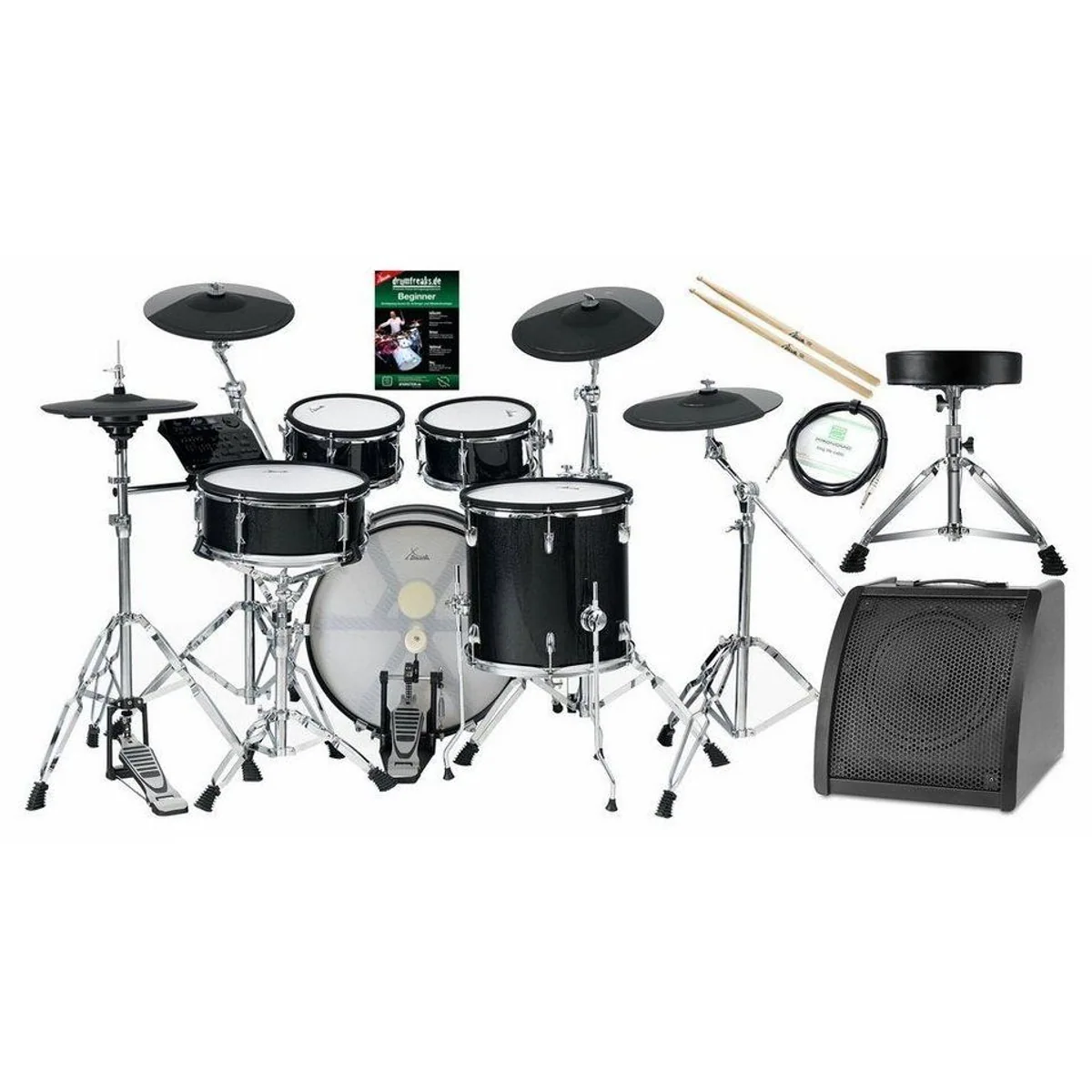 XDrum DD-670 E-Drum Kit, echte HiHat & Holz-Kessel, 15 Sounds — inkl. Hocker, Monitor, Kabel, Sticks
