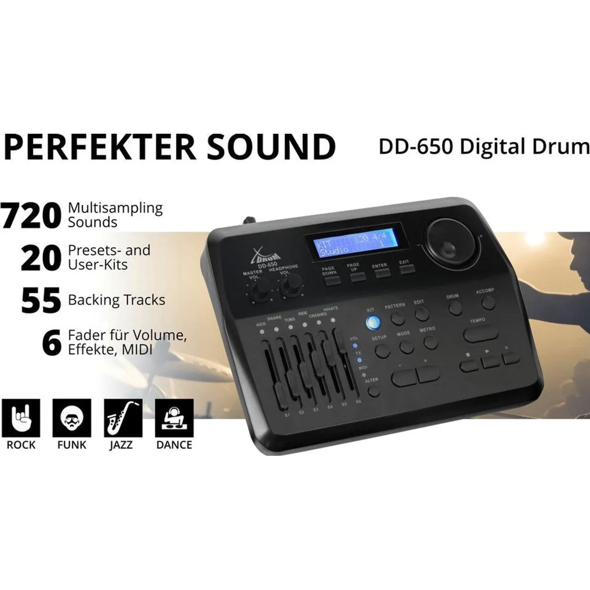 XDrum DD-650 PLUS Mesh E-Drum Kit, 10 Pads, Holzkessel, 720 Sounds 4