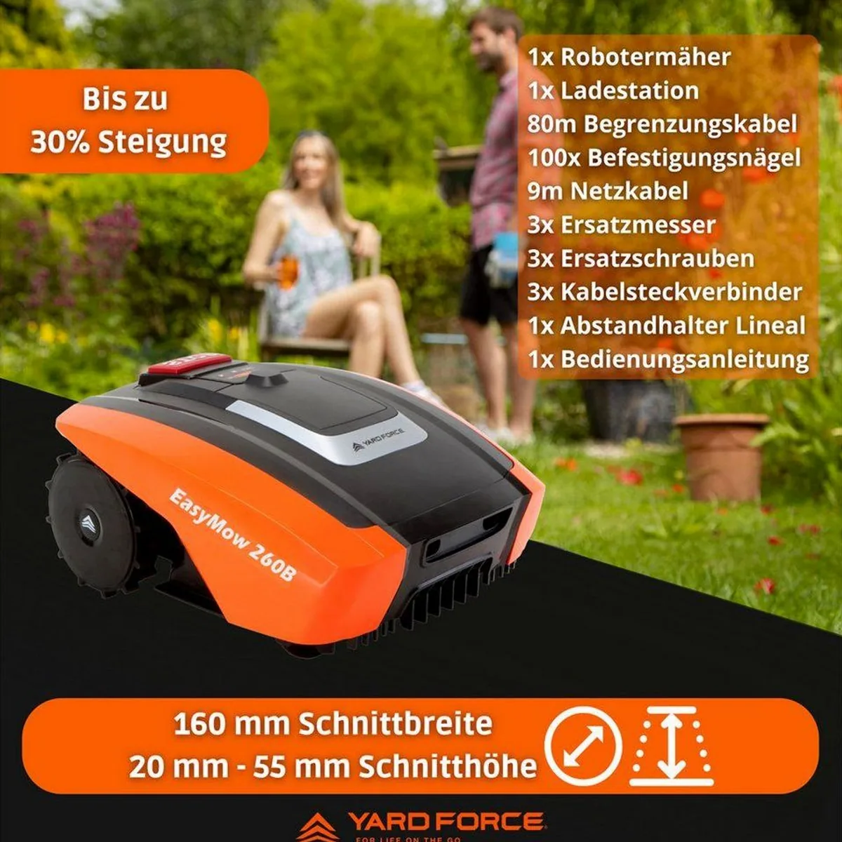 Yardforce EasyMow 260B Rasenmähroboter, 260 m² Flächenleistung, präzise Navigation, kraftvoller Akku 4