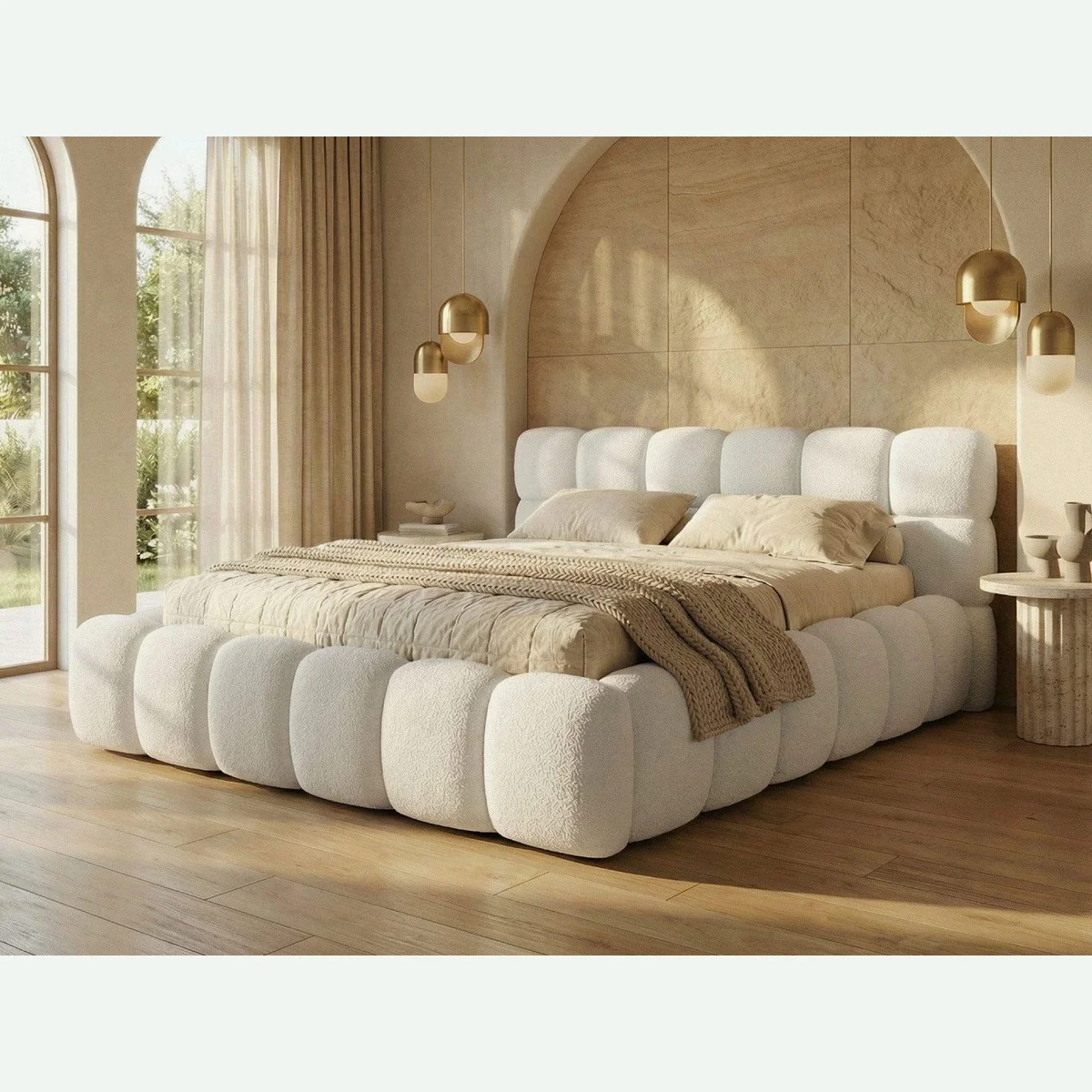 yourhouse24 Polsterbett BOSTON Slim, elegantes Bouclé, cleverer Stauraum, komfortables Kopfteil
