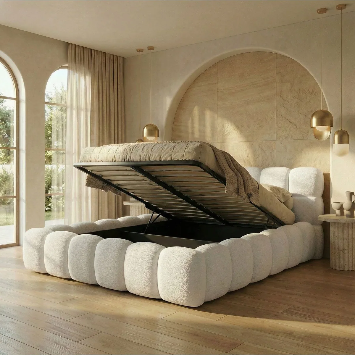 yourhouse24 Polsterbett BOSTON Slim, elegantes Bouclé, cleverer Stauraum, komfortables Kopfteil 5
