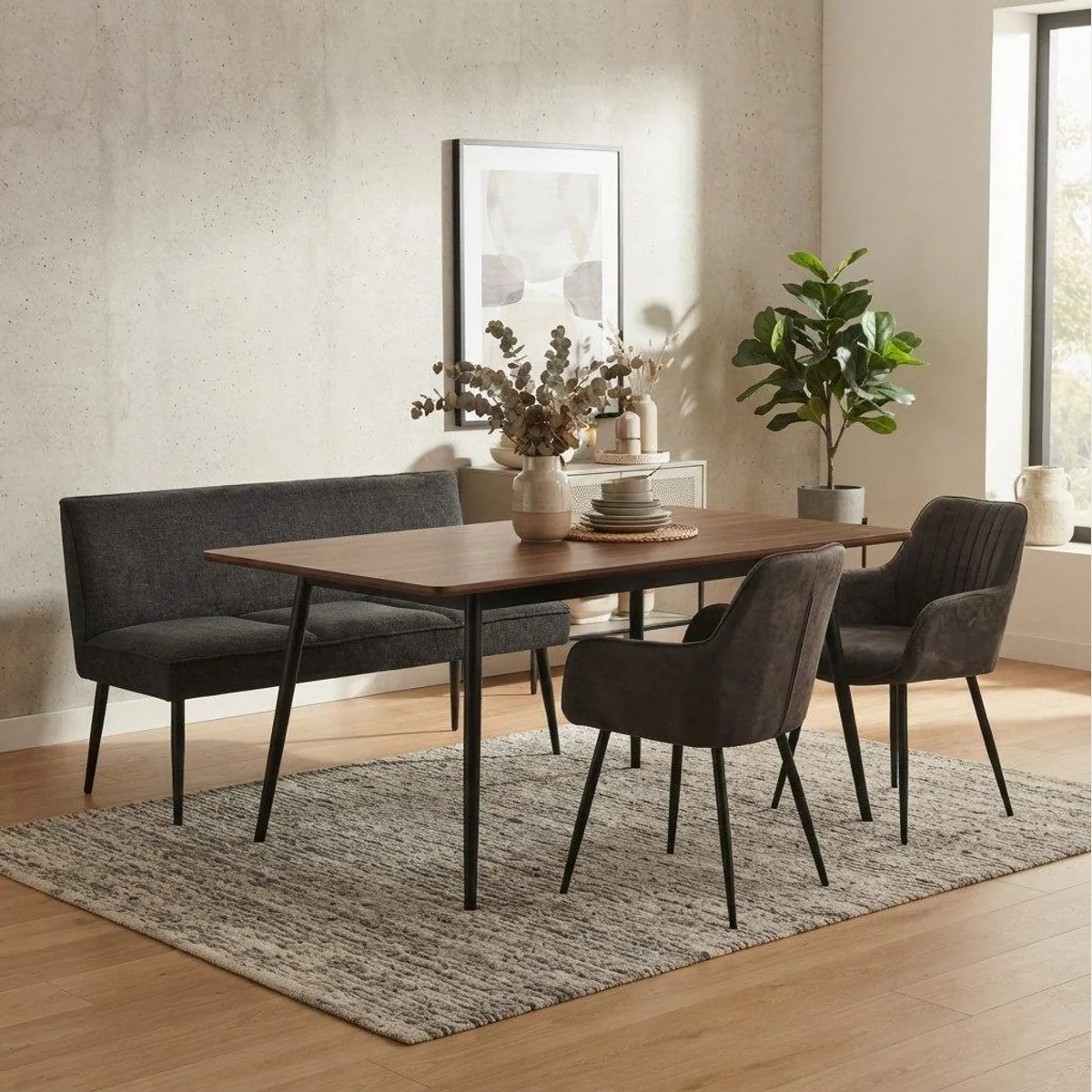 YOZI Essbank Essgruppe, komfortable Sitzbank und Stühle in Dunkelgrau/Beige