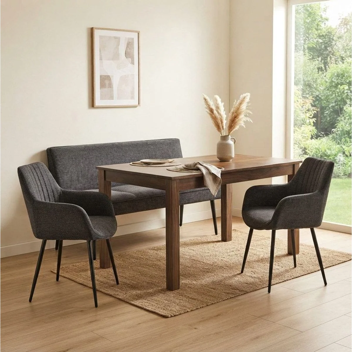 YOZI Essbank Essgruppe, komfortable Sitzbank und Stühle in Dunkelgrau/Beige 2